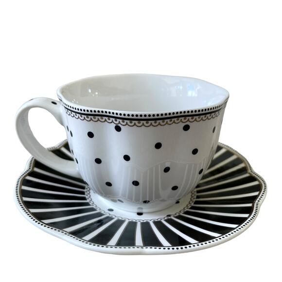 GRACE TEAWARE Black & White Striped Polka Dots Teacup and Saucer Set of 2 New - Picture 2 of 16